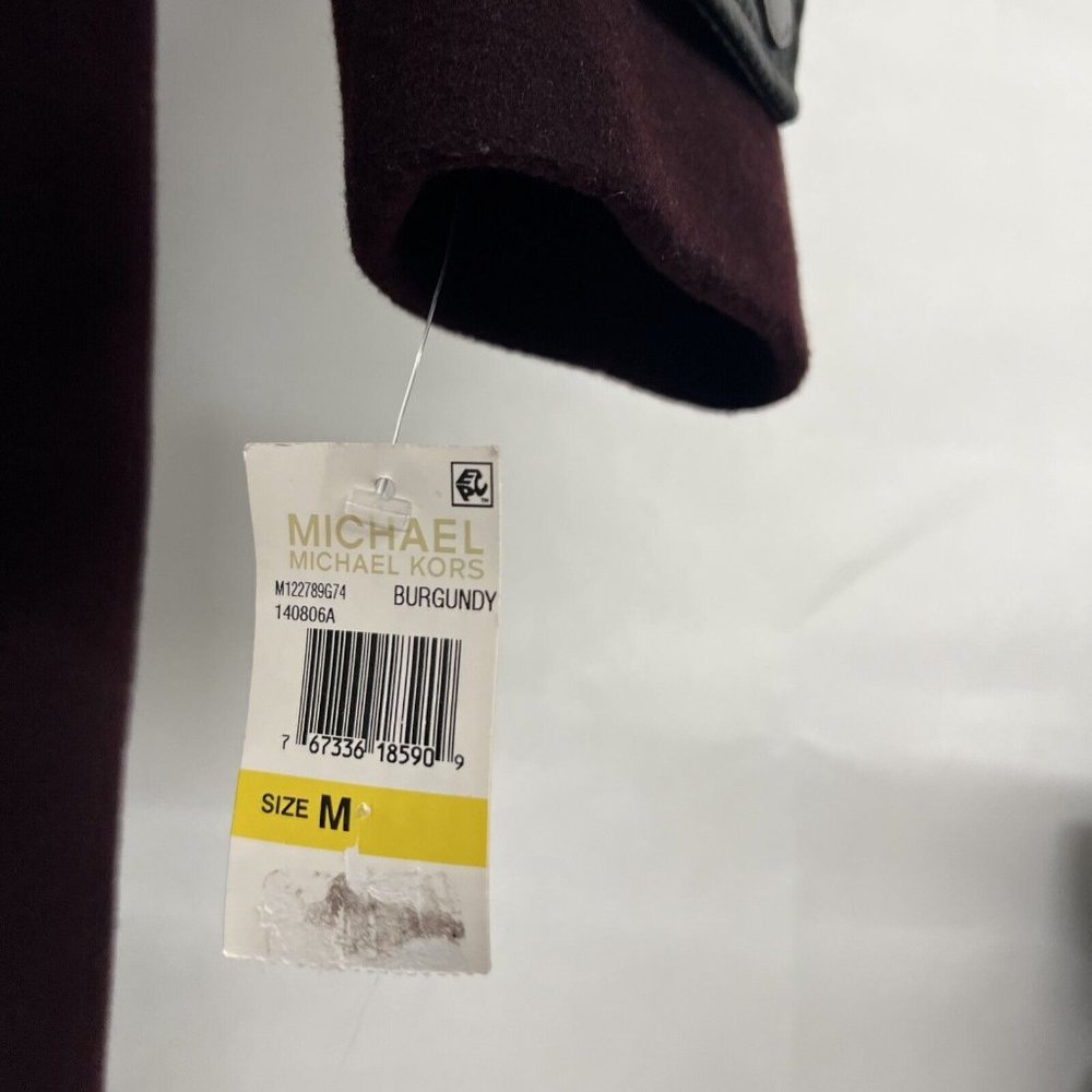 NEW Sz Medium M Michael Kors Belted faux Leather Trim Wool Hooded Coat Burgundy - Picture 9 of 9